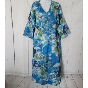 Cruz Natori Nightgown S Small Blue Asian Floral Pockets House Dress Mumu Kimono
